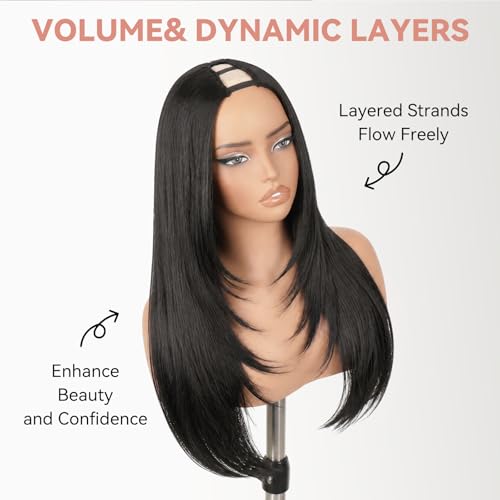 Yaki Straight V Part Wig for Black Women 26 Inch Natural Black 180% Density Glueless Synthetic Hair