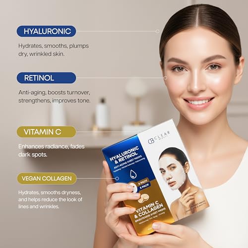 Clear Beauty Hyaluronic & Retinol + Vitamin C Collagen Face Mask Duo ? Hydrating, Firming & Revitalizing For Dull Or Aging Skin ? Dermatologist Tested, Korean Skin Care, Clean Beauty ? 10 Sheets