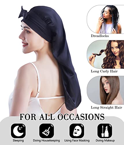 X-Large Mulberry Silk Sleep Bonnet for Curly Hair - Black, Adjustable Tie Band