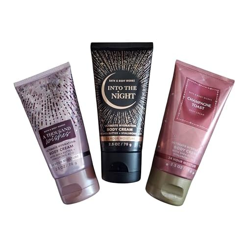 Bath & Body Works Travel Size Ultimate Hydration Body Creams: Thousand Wishes, Into the Night, Champagne Toast 2.5 Ounces Set of 3