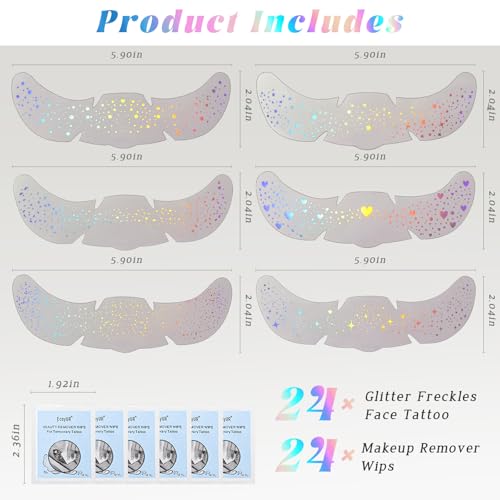 24 pcs Holographic Multichrome Glitter Freckles Face Tattoo, Waterproof Sparkle Face Glitter Speckles Patches for Women, Cute Star Glitter Temporary Tattoo Makeup Accessories for Festival Rave