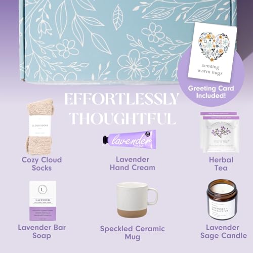 Spa Gift Basket for Women with Lavender Candle & Bath Bomb - Sending Hugs Card Included