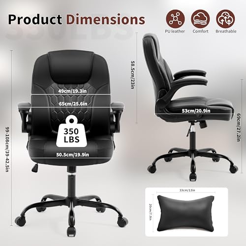 Leather Office Chair Swivel Lumbar Support Black - Short People Ergonomic Design