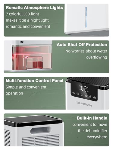 2200ML Dehumidifier for Home & Basement with 75oz Water Tank, Quiet 2 Modes, Auto Shut Off & Ambient Light