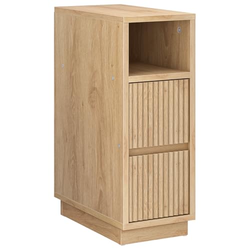 Natural CHOEZON 8.7-inch Narrow Fluted Nightstand with Drawers & Shelf - Small Modern Bedside Table