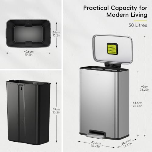 EKO Madison 50L Matte Stainless Steel Step Trash Can with Inner Liner - Fingerprint Resistant