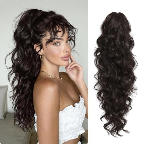 26 Inch Claw Clip Ponytail Extension with Drawstring - Black Brown