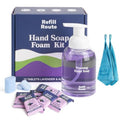 Foam Soap Refill with Dispenser Hand Wash Set, 12 Foaming Hand Soap Refills Tablets +1 Glass Foaming Dispenser +2 Microfiber Cloths, Make 96 fl oz - No Plastic, Cleansing & Moisturizing, Lavender