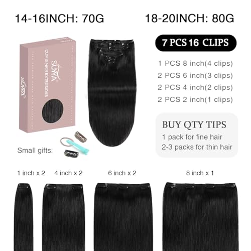 Clip In Hair Extensions Human Hair 14 Inch Jet Black 70G - Suyya