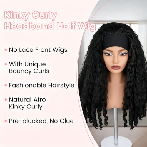 Black Afro Curly Headband Wig 24 Inch Glueless Kinky 4C Texture for Black Women - Variation #1B
