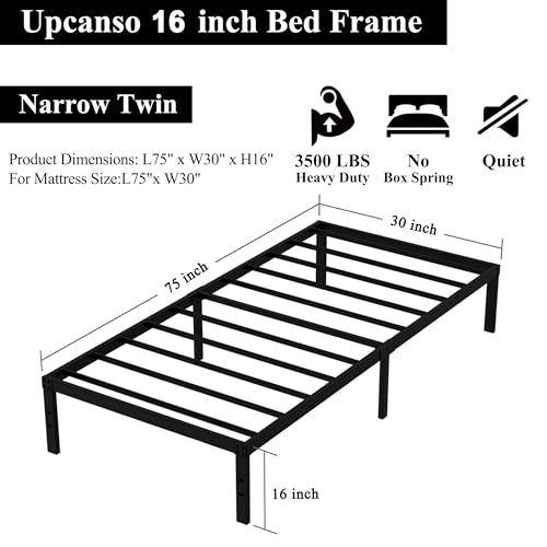 Narrow Twin Bed Frame 16 Inch Steel Support No Box Spring Needed - 30x75 Variation