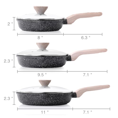 Classic Granite Nonstick Frying Pan Set with Lids - 8, 9.5, 11 Inch