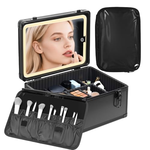 CHENGLIN Makeup Case with Lighted Mirror ? Waterproof Travel Train Case, Cosmetic Organizer with Adjustable Dividers, Magnetic LED Mirror, Portable Makeup Suitcase for Women, Black
