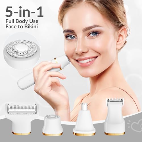 KINGTEE 5-in-1 Electric Bikini Trimmer for Women ? IPX7 Waterproof Shaver, Cordless Body & Facial Razors for Women, Ceramic Blades, USB-C Rechargeable, Painless Hair Removal Kit (White)