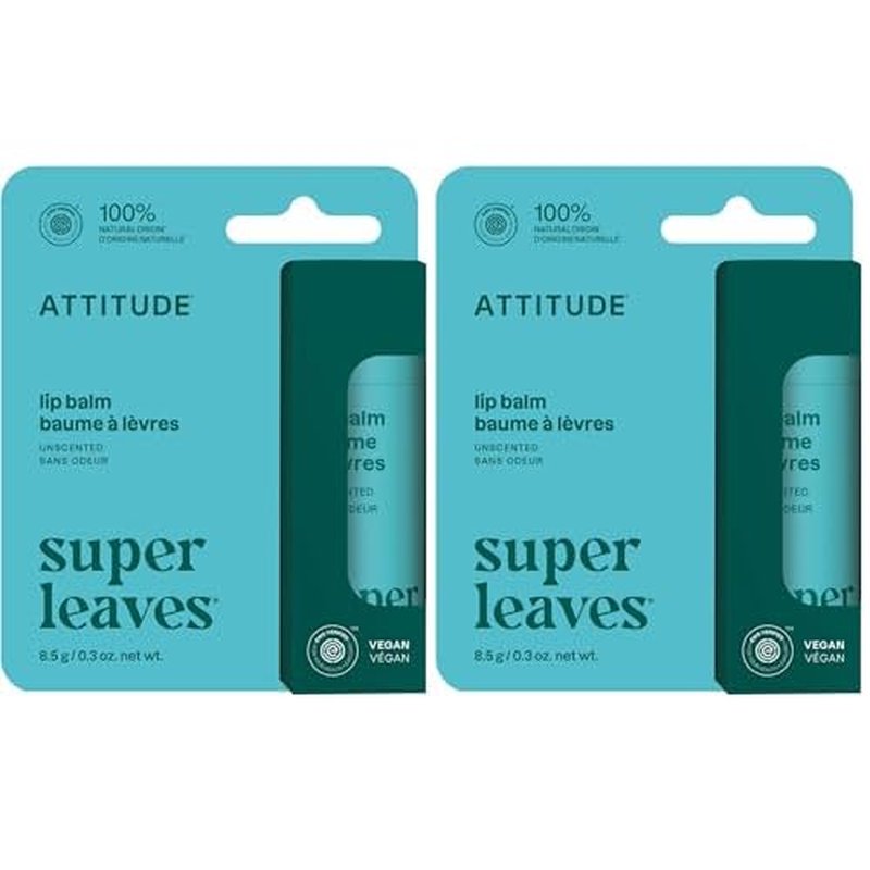 ATTITUDE Plastic-free Lip Balm, EWG Verified Plant- and Mineral-Based Ingredients, Vegan and Cruelty-free Personal Care Products, Unscented, 0.3 Oz (Pack of 2)