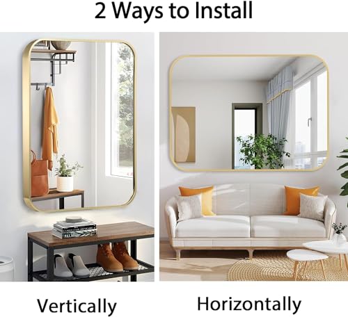 JENBELY 30x36 Inch Gold Bathroom Mirror Brushed Brass Rectangular with Rounded Corners - Light Gold
