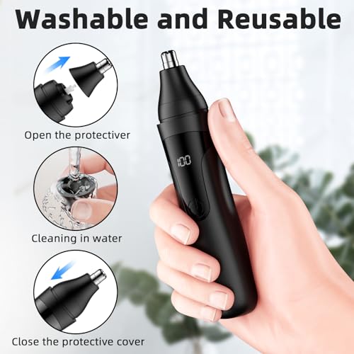 Nose Hair Trimmer, Rechargeable Professional Painless Nose Trimmer for Ear and Eyebrow, with Dual Edge Blades Easy Cleaning and Washing (Black)
