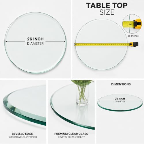 26 Inch Round Tempered Glass Table Top with 1/2 Inch Beveled Edges – Heavy-Duty, Easy to Clean