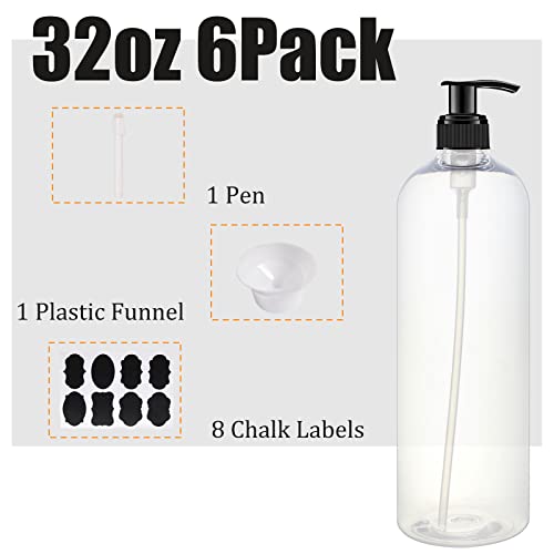 32oz 6 Pack Shampoo & Conditioner Dispenser Bottles with Pump - Clear Plastic