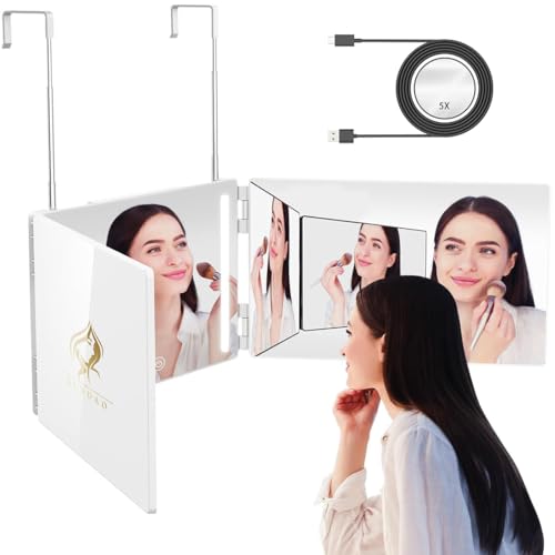 White LED 3-Way Mirror for Back of Head & Hair Braiding with Telescoping Hooks