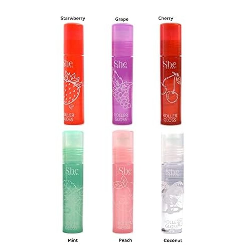 Fruity-Pop Roller Gloss by S.he Makeup; Smooth Glass Like Shine Lip Glosses, Complete Set of All 6 Flavor Scents 0.22oz 6.3g Clear