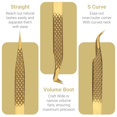 Lash Tweezers for Eyelash Extensions with Diamond Grip, Japanese Stainless Steel, Set of 3 - Great Precision for Classic, Volume & Mega Volume, Premium 45 Degree Curved Set for Women (Gold)