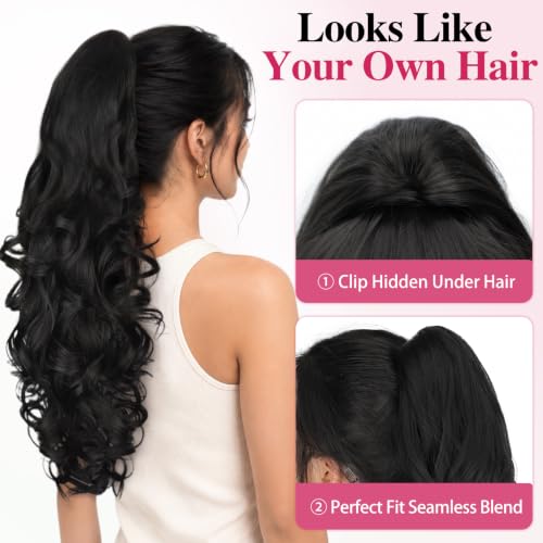 ALXNAN 24 Inch Curly Wavy Ponytail Extension Black | Clip-In Hair Extension