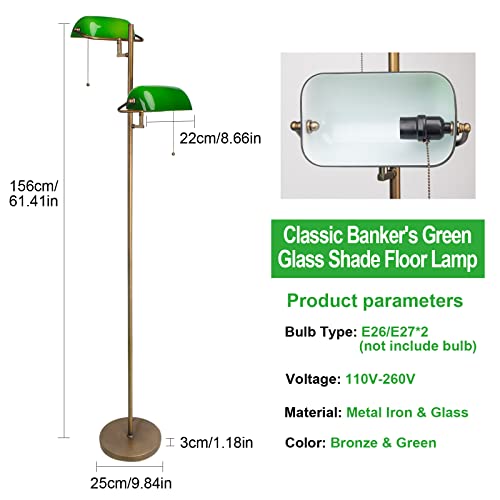 FIRVRE Green Glass Banker Floor Lamp with Adjustable Arm & Pull Chain Switch - Vintage Style Reading Light for Bedroom Office