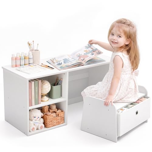 Faesun 3-in-1 Toddler Bookshelf with Bench, White Montessori Reading Nook & Toy Organizers