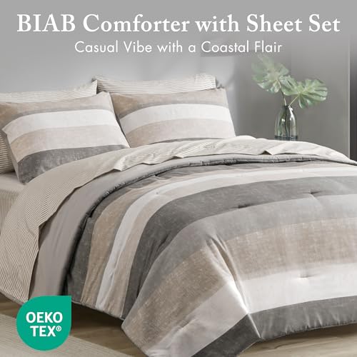 Queen Comforter Set with Sheets - Taupe/Grey Stripe Bed in a Bag, 7 Pieces