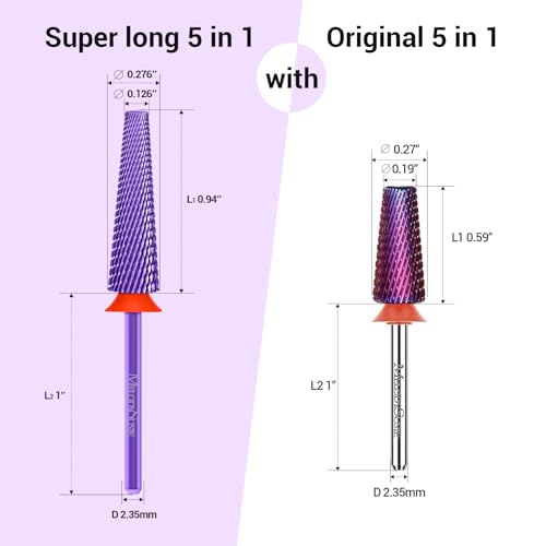 MelodySusie Super Long 5 in 1 Nail Drill Bits, 3/32'' Carbide Tungsten Bits, Suitable for Manicure Pedicure Cuticle Gel Polishing, Professional Advanced Bits, Purple, Series Bit-X, Fine