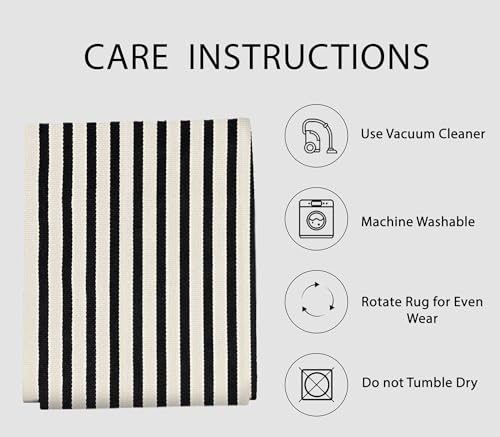 Indoor Outdoor Striped Area Rug - Washable Cotton Blend, 8x10 Light Beige & Black Variation