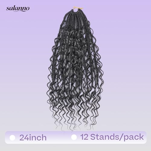 salanno Classic Goddess Box Braids Crochet Hair 24 Inch - 8 Packs of Synthetic Extensions with Curly Ends, Natural Black