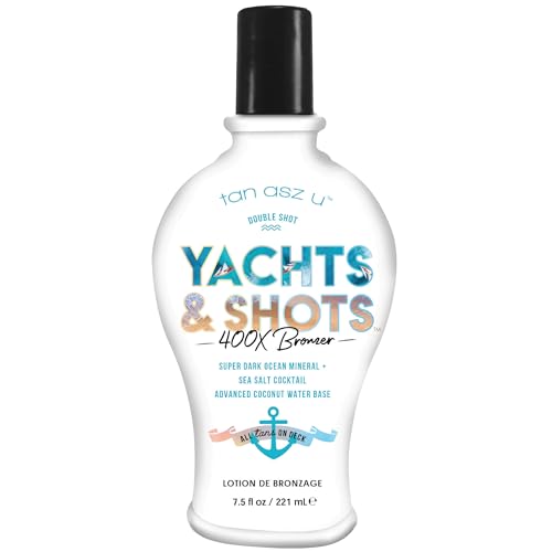 Tan Asz U Yachts & Shots Tanning Lotion, 400X Double Shot Bronzer, Super Dark Ocean Mineral & Sea Salt Cocktail Tanning Lotion with Advanced Coconut Water Base, 7.5 Fl Oz
