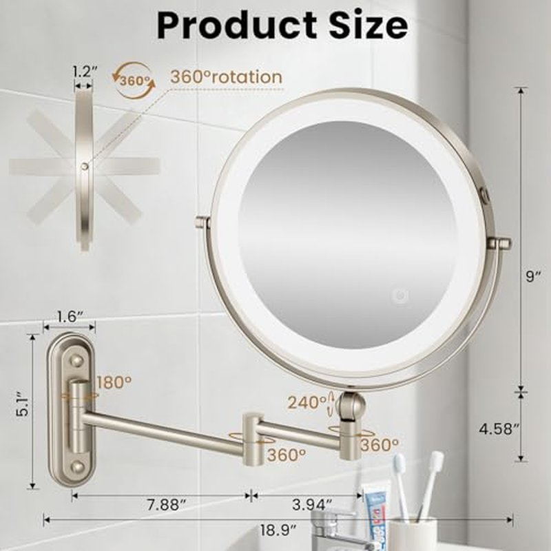 9" Wall Mounted LED Lighted Makeup Vanity Mirror - 4000mAh Rechargeable Double Sided 1X/30X Magnifying Mirror, 3 Color Lights Touch Dimmable, Height Adjustable Extended Arm 360¡Æ Swivel Bathroom Mirror