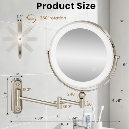 9" Wall Mounted LED Lighted Makeup Vanity Mirror - 4000mAh Rechargeable Double Sided 1X/30X Magnifying Mirror, 3 Color Lights Touch Dimmable, Height Adjustable Extended Arm 360¡Æ Swivel Bathroom Mirror