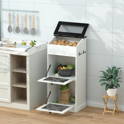Wooden Potato and Onion Storage Bin with Lid - White, Large Capacity & Ventilated Kitchen Organizer