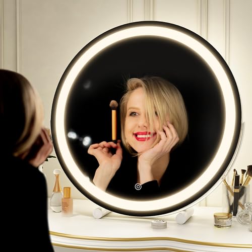 ROLOVE Makeup Mirror with Lights, 18 Inch Vanity Mirror with Lights, Lighted Makeup Mirror, Smart Touch Control Round Lighted Vanity Mirror, Tabletop £¦ Desk Mirror, Gifts for Women, Wife, Mom, Girls