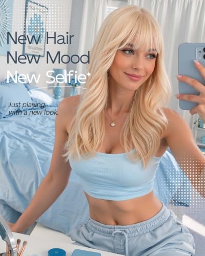 Creamy Platinum Blonde Wig 22" Long Layered Style with Bangs - High Volume & Realistic Hairline