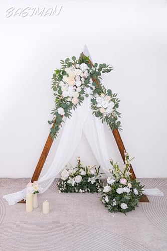 Wedding Arch Flowers Pack of 2 with Gauze Curtain for Ceremony & Reception - White Variation