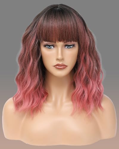 Ombre Pink Wig with Bangs - 14 Inch Short Wavy Curly Bob Hair for Women (Variation: Ombre Pink)