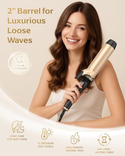 Large Barrel Curling Iron for Long Hair - 2 Inch Professional Wand with 12 Temp Settings