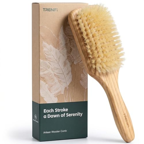 TRENFI 100% Boar Bristle Paddle Hair Brush with Red Oak Handle - Detangling & Styling