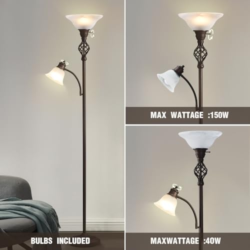 GyroVu Torchiere Floor Lamp with Frosted Glass Shade - Red Brown, White