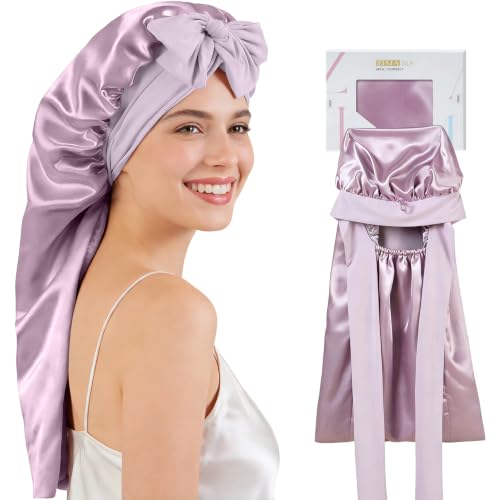 Purple Mulberry Silk Sleep Bonnet for Women - Long Hair Protection