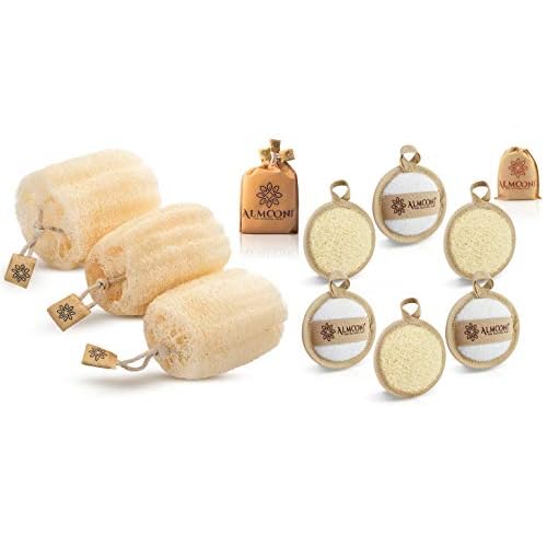 Premium Natural Egyptian Shower Loofah Sponge and Facial Loofahs, Large Exfoliating Shower Loofa Body Scrubbers Buff Away Dead Skin for Smoother, More Radiant Appearance (3 lufa Pack)