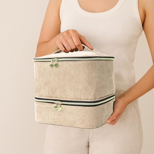 Nail Polish Organizer Bag Nail Kit Organizer Holds 30 Bottles and 1 Nail Lamp Double-layer Nail Polish Carrying Case Nail Art Tote Bag Khaki