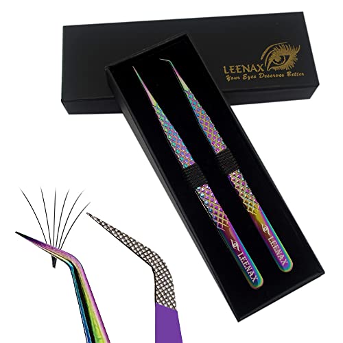 Eyelash Extension Tweezers Fiber Tip (Anti ? Slip) Set of 2 pieces straight & curved with Diamond Grip, Rainbow Colour,14cm, volume Tweezers, Lash Extension Precision tweezers. (Multi)