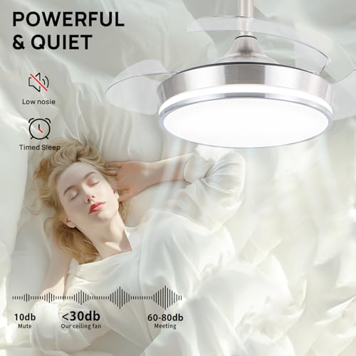 30-Inch Retractable Ceiling Fan with Lights - Brushed Nickel, Dimmable LED, Remote Control, 6 Speeds