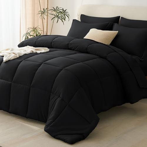 Oversized King Comforter Set - Black 7-Piece Bed in a Bag, CozyLux